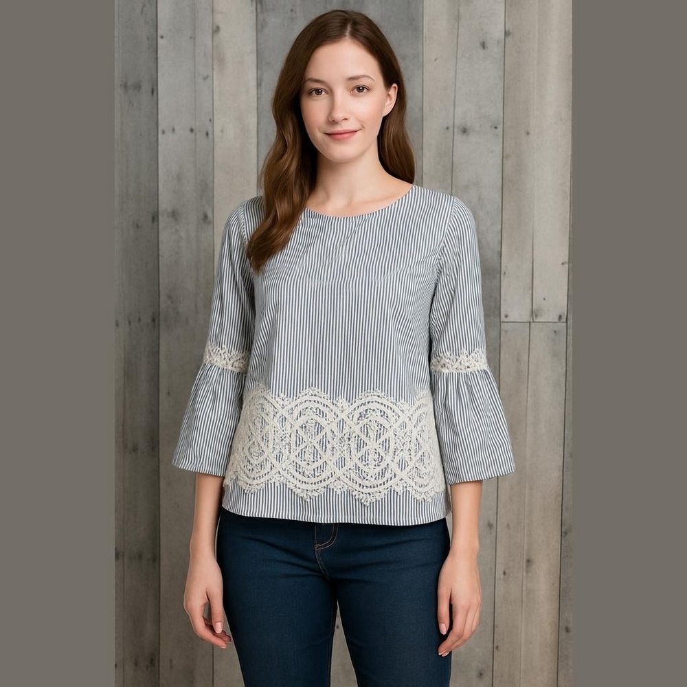 DO+BE Lace Striped Boho Top S Blue White